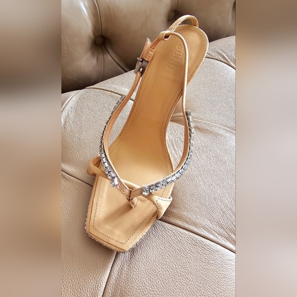 SCHUTZ Vikki Crystal Nude Beige Leather Sandals Strap Heels Prom Rhinestones 8.5 - Picture 4 of 8